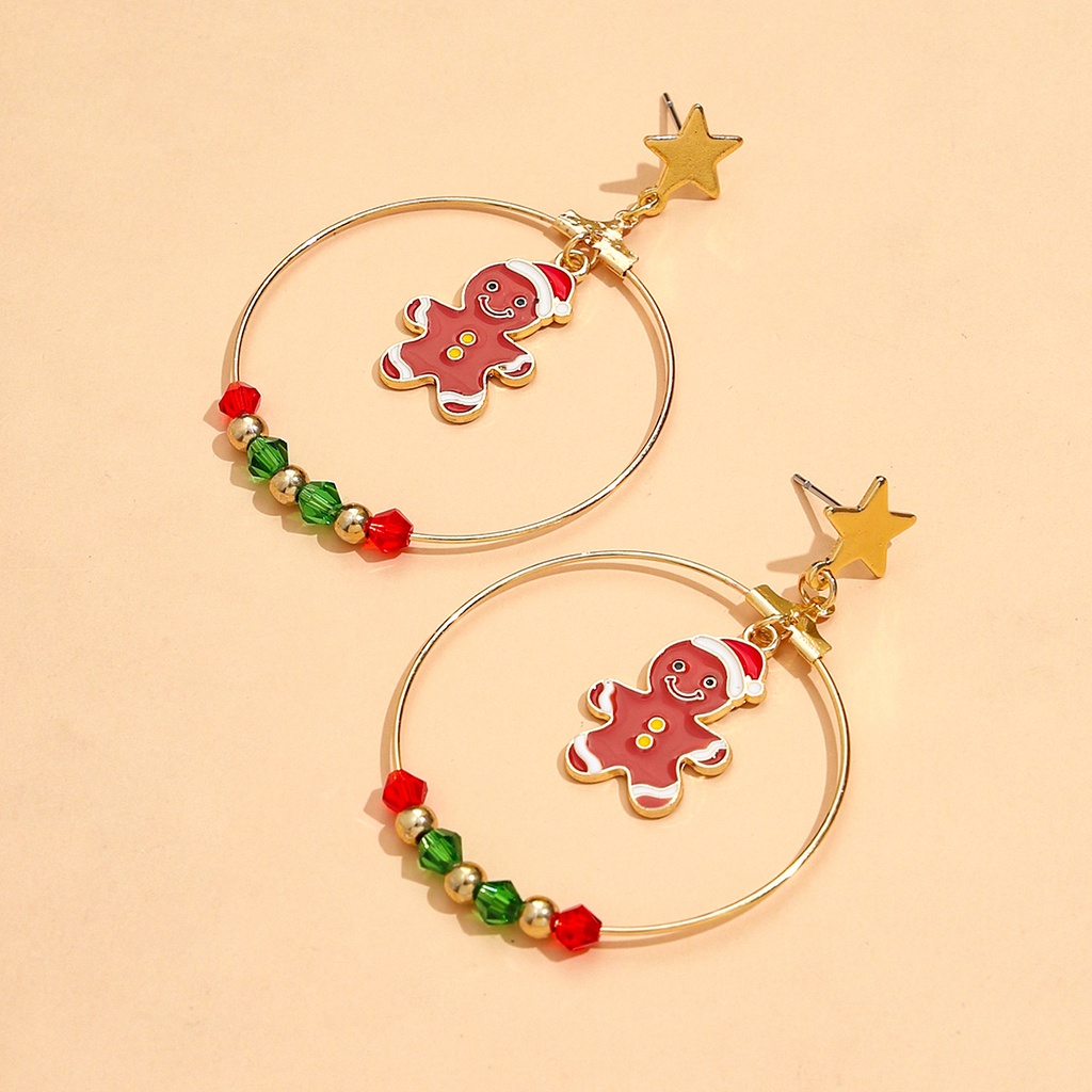 Fashion Lucu Snowman Besar Emas Cincin Anting Merah Dan Hijau Manik-Manik Kecil Bintang Anting Gingerbread Man Pendant Earrings