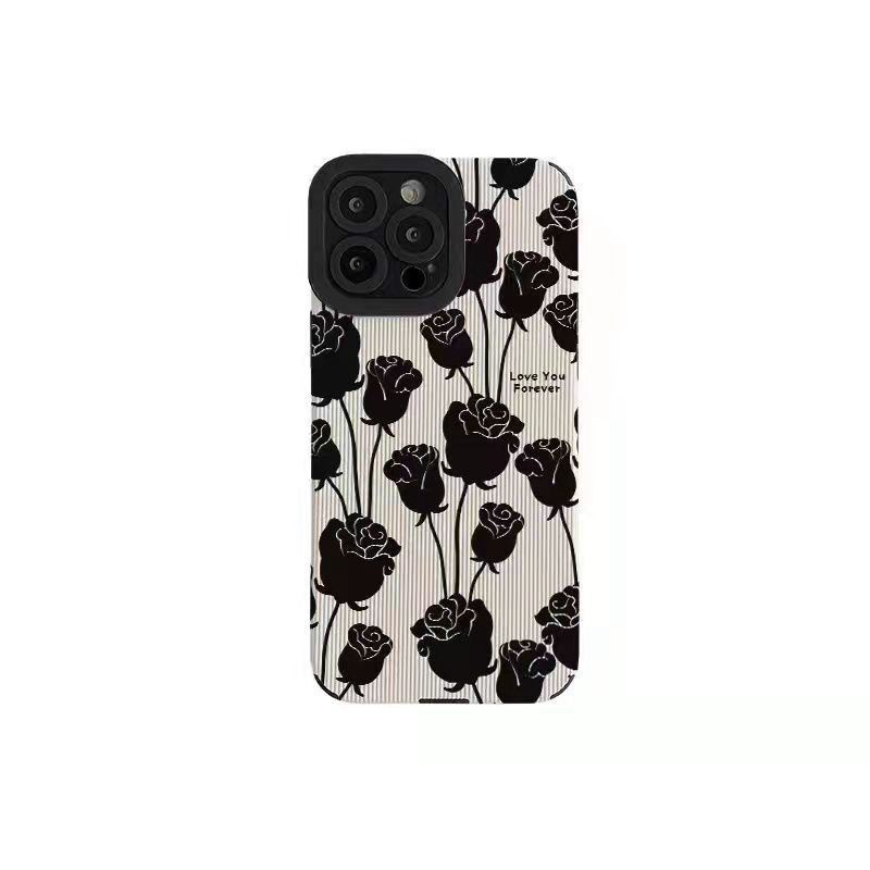 【Lamb Skin】Pretty Black Rose Flower Soft Case for IPhone 6S 7 Plus 8 Plus X XS XR XS Max 11 13 12 14 PRO Max 14 Plus 12 13 Mini Camera Protect Women's Baolongwis Casing