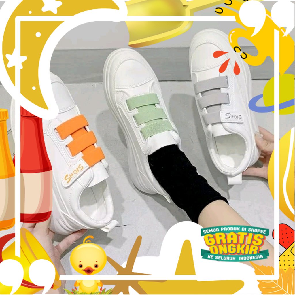 Sepatu Sneakers Kasual Putih Wanita Pria Polos Lucu/ Sepatu Kets Prepet Cewek Cowok Strap 3/ Sepatu 