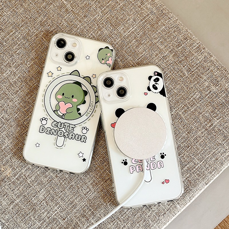 IPHONE Untuk Iphone14 13 12 11 Pro Max Perlindungan Hisap Magnetik soft Case Transparan Kartun panda Dinosaurus