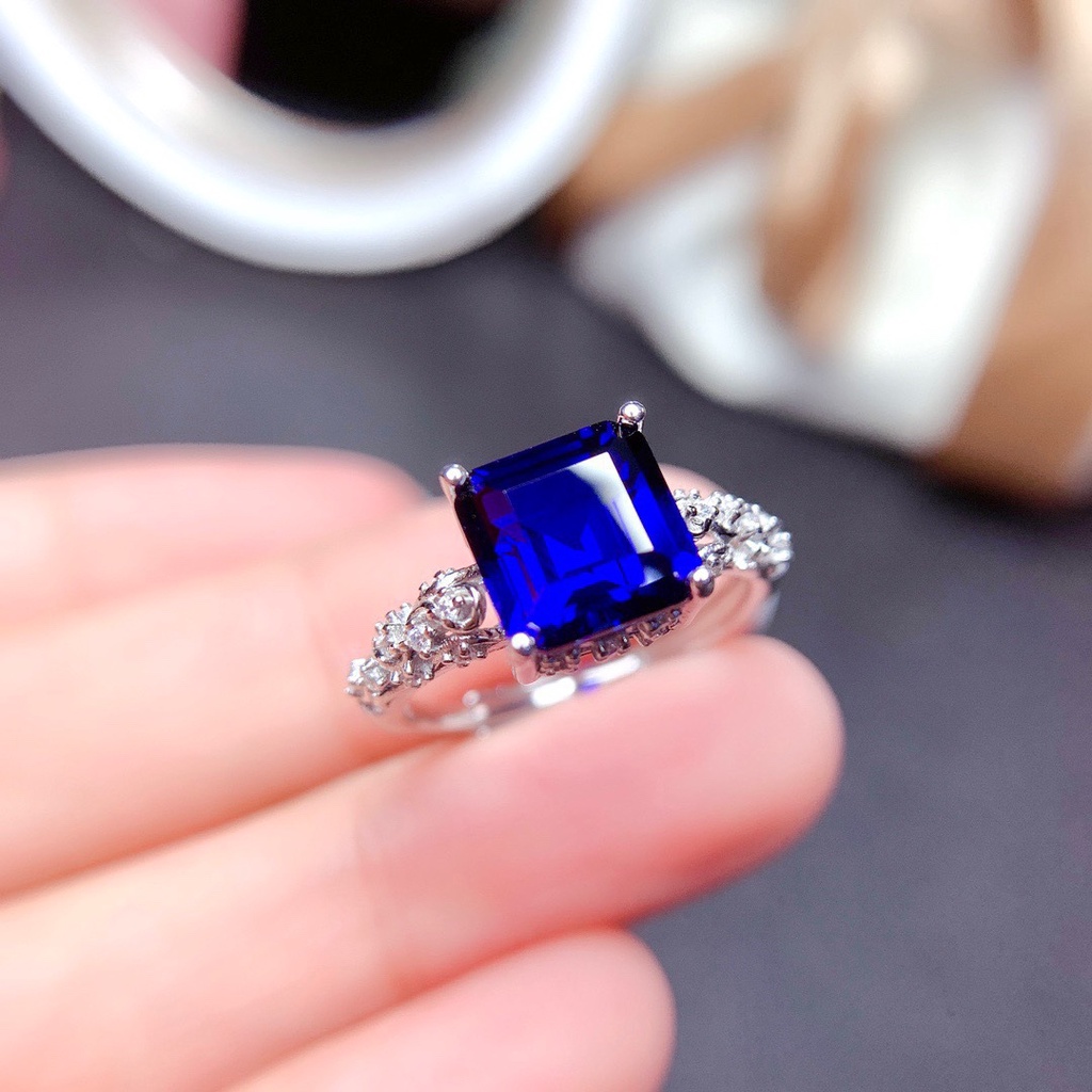 Goldkingdom Fashion Perhiasan Aksesoris Ready Stock Alami Mozambik Garnet Perempuan Cincin Putri Persegi Berlian Royal Blue Adjustable Color Treasure Ring