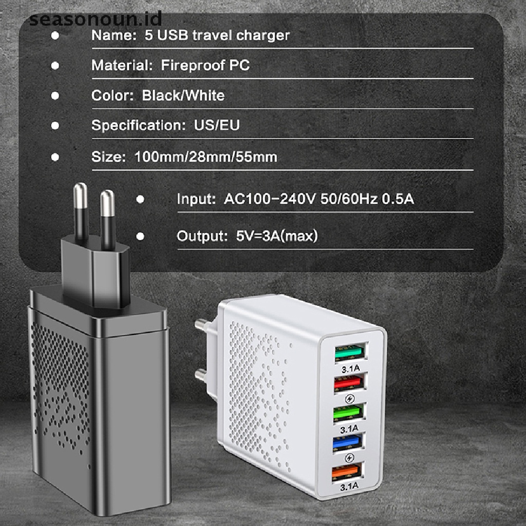 Seasonoun 1Pcs Adaptor Charger Usb Fast Charger Adaptor Kepala Cas Telepon 5-Port.