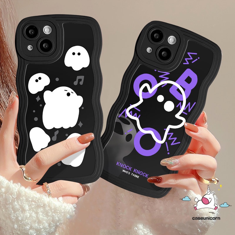 IPHONE Casing Ponsel Hitam Kompatibel Untuk Iphone11 13 12 14 Pro Max XR 6s 6 7 8 Plus X XS Max14 Plus SE 2020 7Plus Kartun Lucu Imut Hantu Monster Kecil Lembut Bergelombang Tepi Penutup Belakang