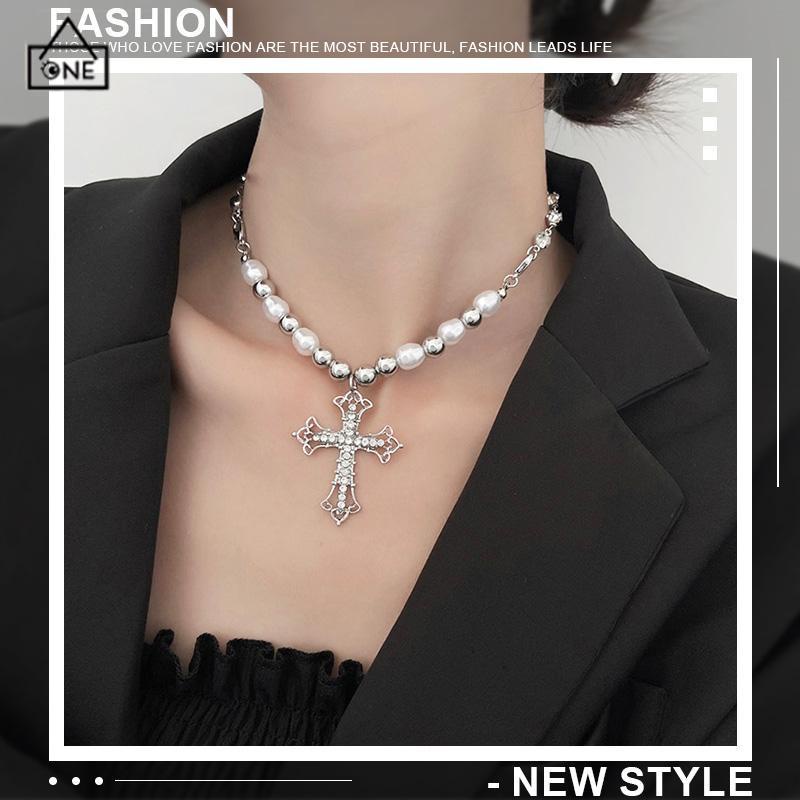 COD❤️Kalung Alloy Vintage Pearl Cross Pendant Punk Sweter Serbaguna Wanita-A.one