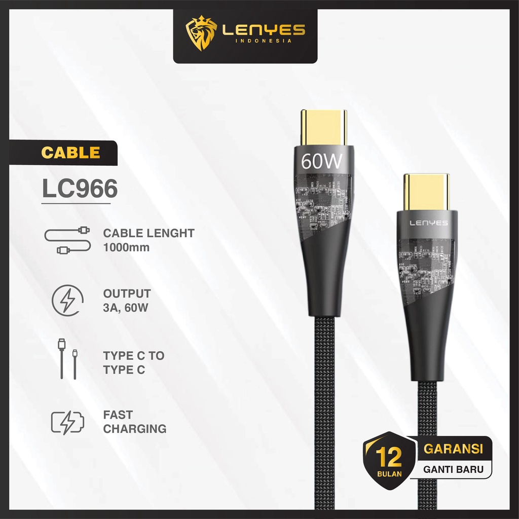 LENYES LC966 Kabel Data PD 60W Transparan Fast Charging QC3.0 Type C to Type C Kabel charger Nylon 1meter cas original