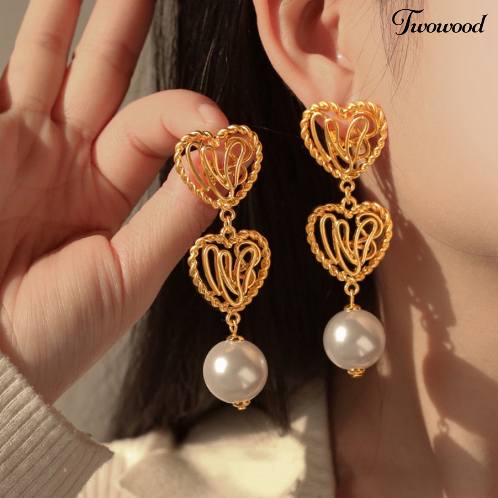 Twowood 1pasang Drop Earrings Electroplating Berlebihan Geometris Liontin Menawan Berdandan Hypoallergenic Hati Emas Anting Mutiara Imitasi Perhiasan Fashion