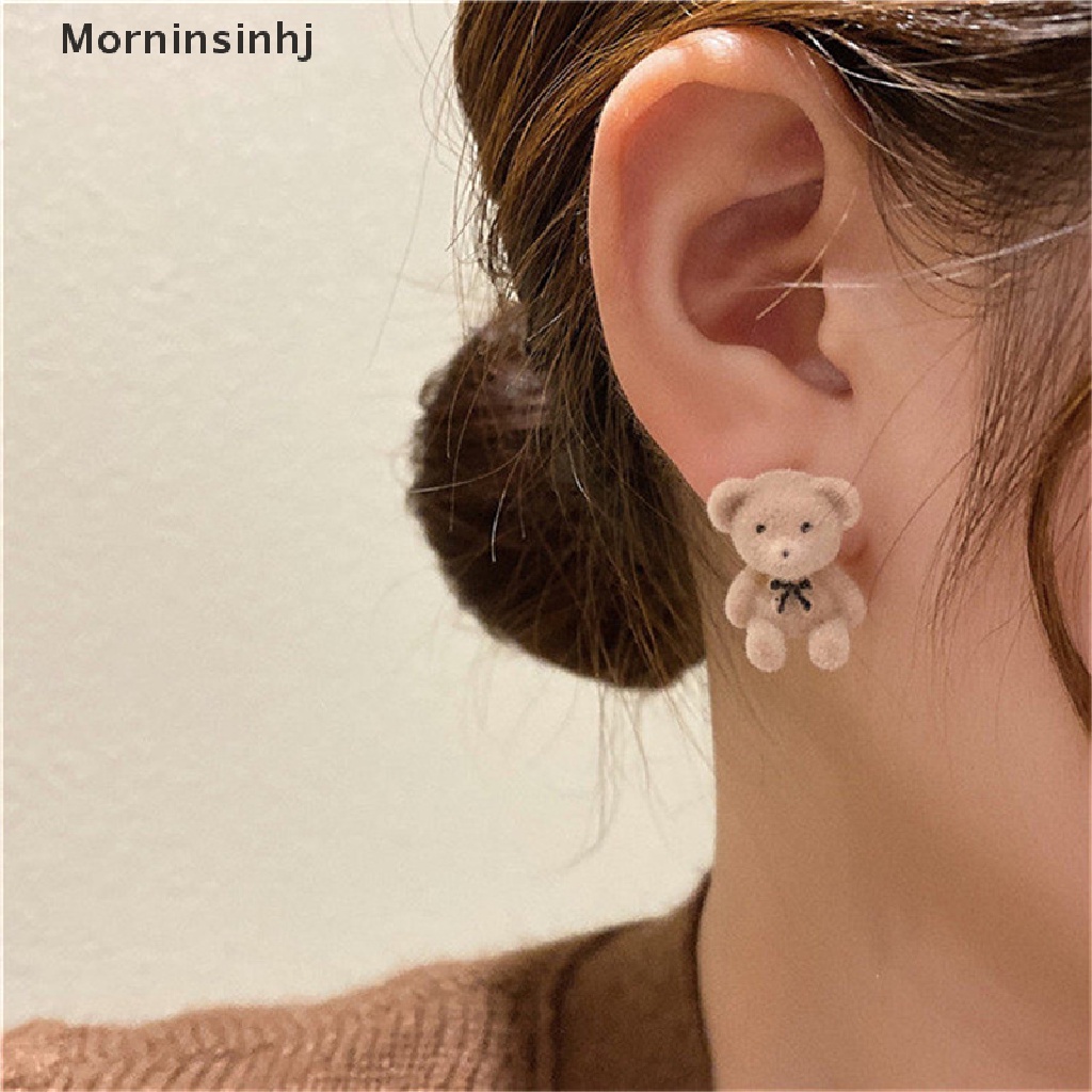 Mornin Cute Flocking Plush Rabbit Bear Stud Earrings Gadis Kawaii Anting Hewan Perhiasan id