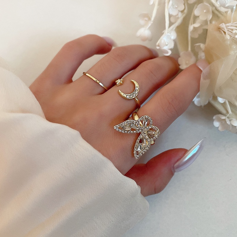 5pcs/set Cincin Terbuka Berlian Kupu-Kupu Fashion/Cincin Bulan Bintang Untuk Perhiasan Pesta Wanita