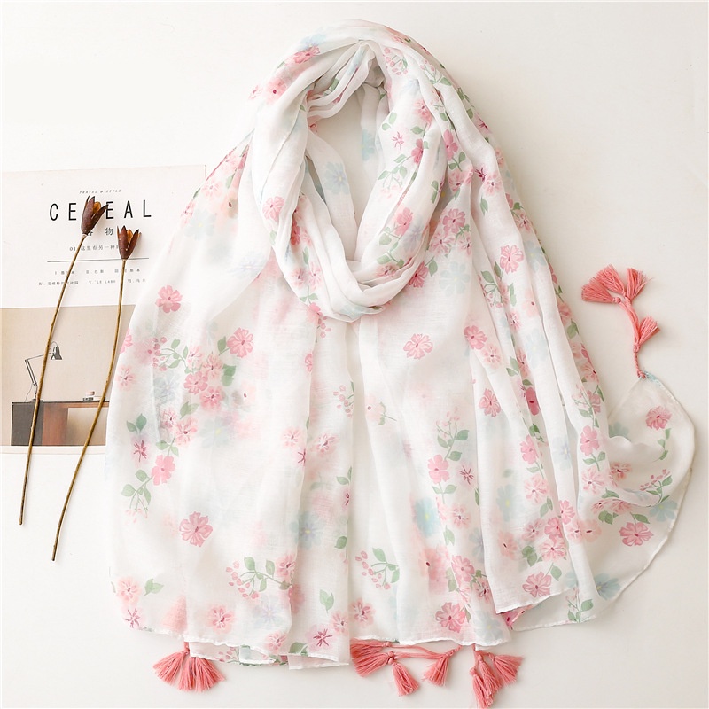 ITSFRIDAY LYLIA Scarf - Premium Pashmina Shawl Selendang Syal Pasmina Hijab Import Motif Flower Pink White Tassel