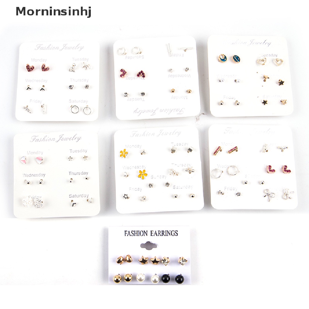 Mornin 6-7pasang/set Kristal Hati Daun Stud Anting Wanita Berlian Imitasi Earrings Jewelry id