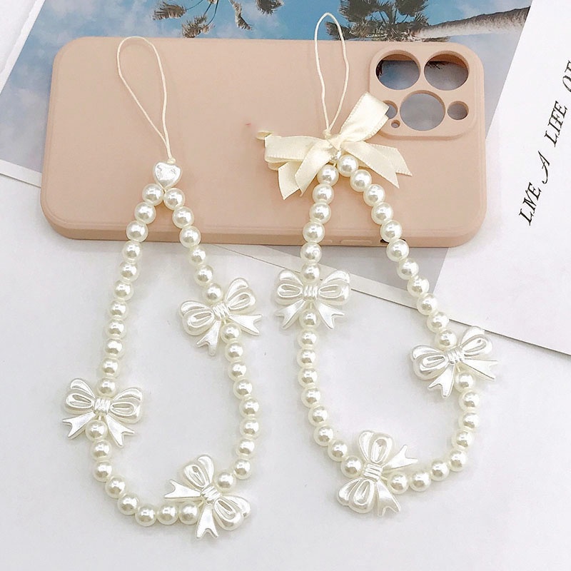 3d Pearlescent Bow Handmade Pearl Beads Chain Universal DIY Tali Anti-Hilang Untuk iPhone Android OPPO VIVO Huawei Xiaomi Redmi Samsung Semua Ponsel Earphone Cases