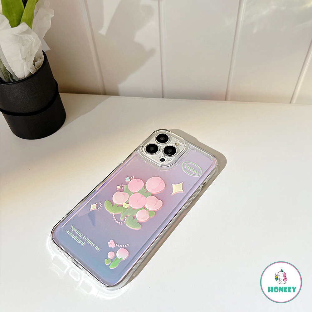 IPHONE Casing Ponsel Bunga Tulip Laser Glitter Mewah Untuk Iphone14 13 12 11 Pro XS Max XR X 8Plus Full Cover TPU Shockproof Cover