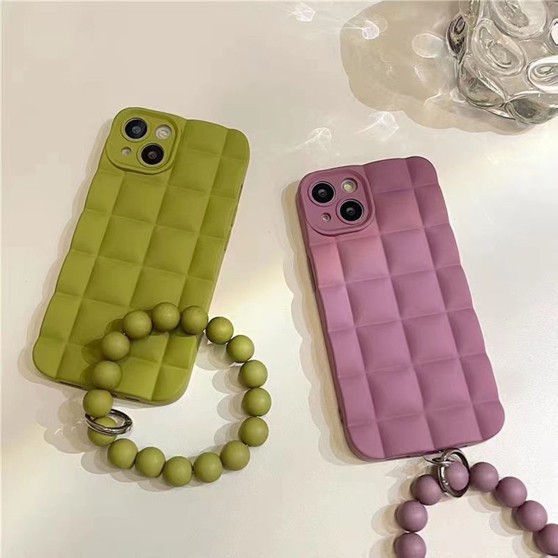 Casing Ponsel Lembut Motif Kotak-Kotak 3D Untuk iPhone 14 Pro Max13 12 11 Pro Max Xs Max Xr X Xs 7Plus 8Plus 6 6P Gelang Dengan Manik-Manik Casing Penutup Belakang