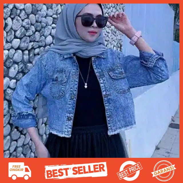 JAKET JEANS WANITA CHANMI CROP RAWIS SNOW BLACK DAN SNOW BLUE