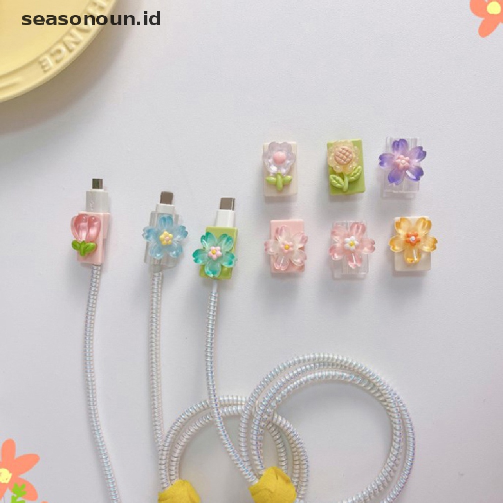 Seasonoun Untuk Kabel Charger USB Bite Data Line Cord Case Bunga Warna-Warni Lembut TPU Cover.