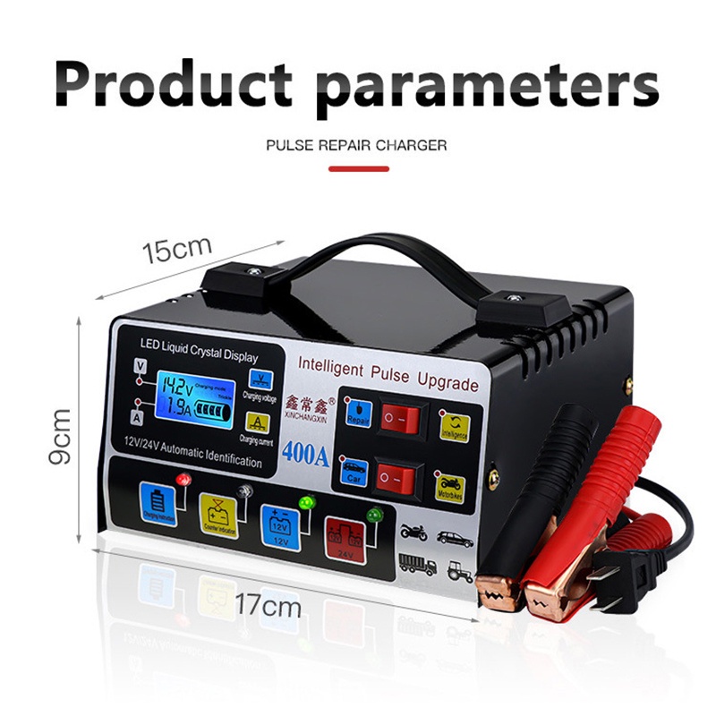 Charger Aki Motor Dan Mobil Otomatis Accu Kering Dan Basah Lead Acid Battery Charger Auto Cut Off 12V/24V 1-600A LCD Charger Portable