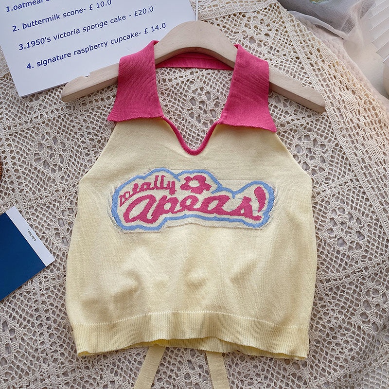 Red Leher rajutan rompi wanita musim panas 2023 desain baru huruf bordir kamisol pendek pas badan