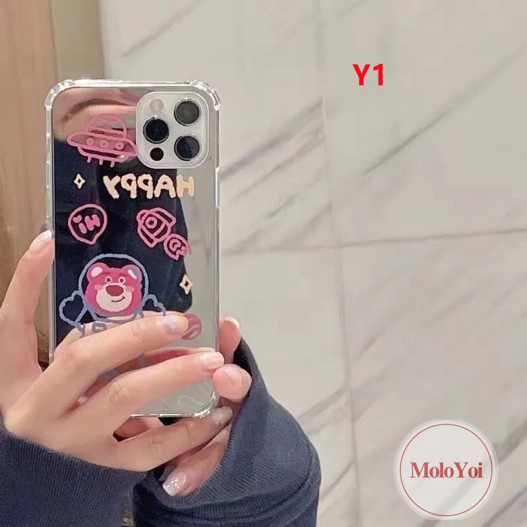 IPHONE Kartun Astronot Manyo Make Up Cermin Ponsel Case Kompatibel Untuk Iphone11 13 12 Pro MAX XR 7plus 78 Plus X XS MAX SE 2020 Beruang Strawberry Lucu Shockproof Soft Cover