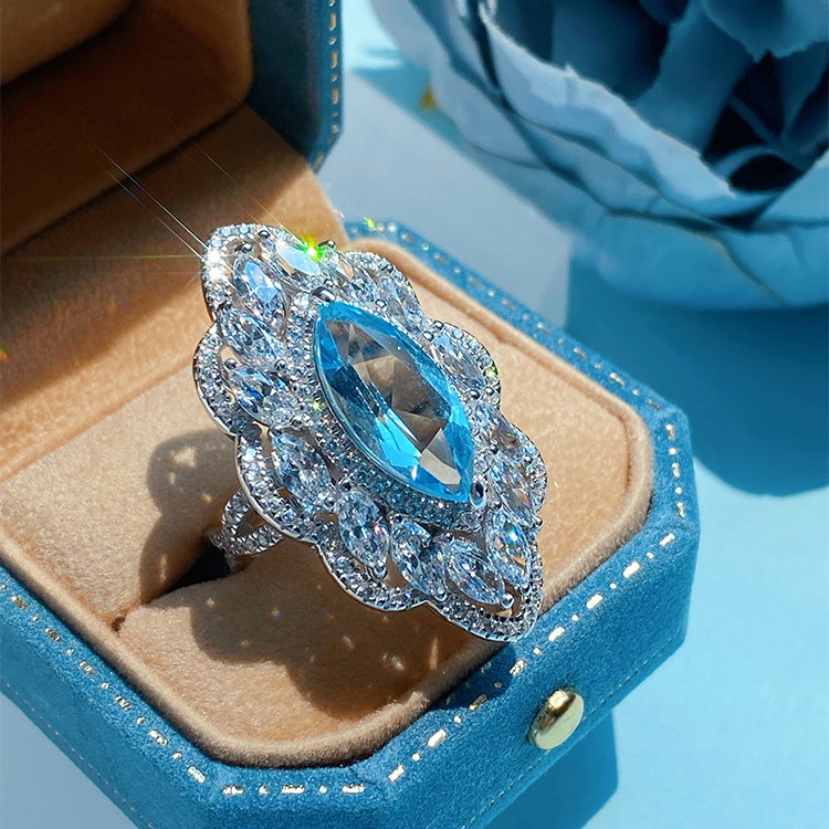 Goldkingdom Aksesoris Perhiasan Fashion Ready Stock Desain Perhiasan Tinggi Bentuk Mata Kuda Tanah Berat Set Berlian Karbon Tinggi Aquamarine Topaz Kalung Cincin Set