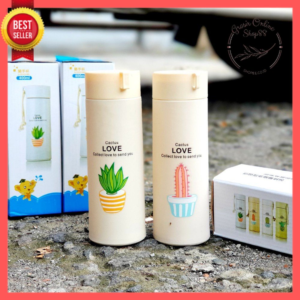 GOS -F404- Botol Minum Kaktus Thermos Kaca - Botol Kaca Minum Botol Motif Cactus Love 450ml