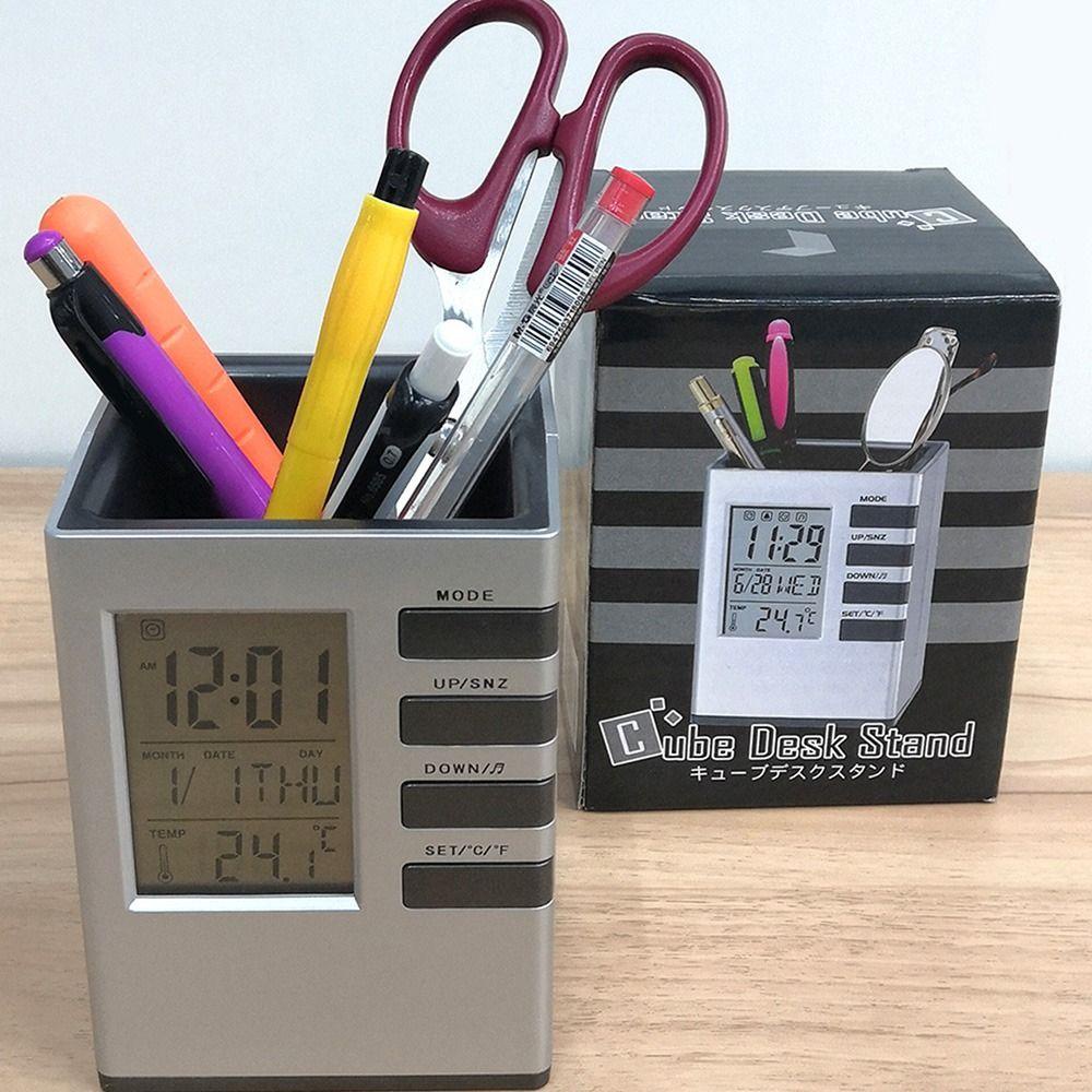 Holder Pensil Nanas Nyaman Dengan Termometer Kalender Jam Weker Meja Multifungsi