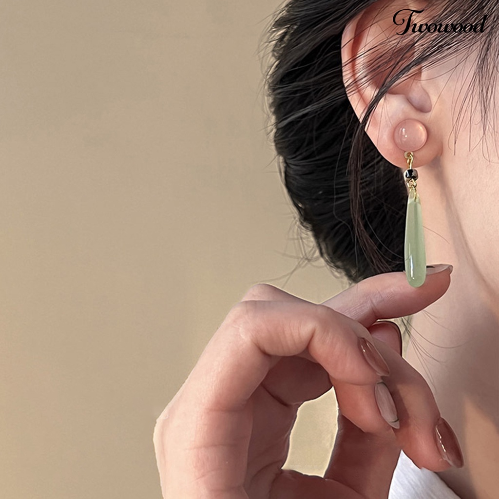 Twowood 1pasang Anting Menjuntai Gaya Cina Elegan Mulia Giok Imitasi Kalsedon Manik Drop Earrings Perhiasan Aksesoris