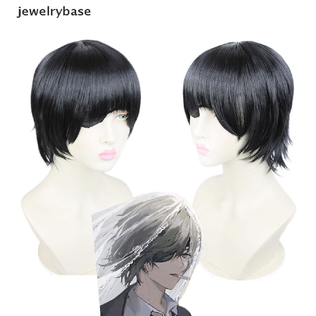[jewelrybase] Himeno Wig Rantai Man Hitam Pendek Berbulu Lapis Rambut Sintetis Patch Tahan Panas Kostum Pesta Wig Butik