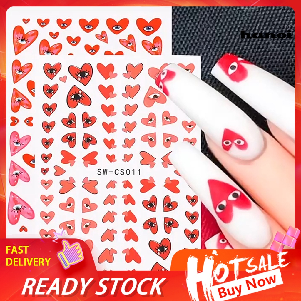 Hi 2lembar Stiker Kuku Perekat Diri Kuat Lengket Pola Unik Tidak Iritasi Dapat Dilepas PET 3D Desain Kuku Hati Evil Eye Nail Art Sticker Untuk Salon Kuku