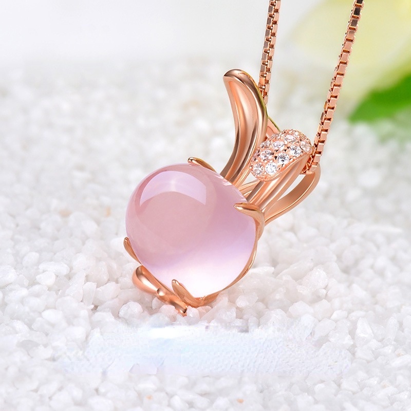 Goldkingdom Fashion Perhiasan Aksesoris Ready Stock Perak Disepuh Korea Kalung Lapis Rose Gold Furong Batu Bubuk Kristal Kelinci Wanita Liontin Kalung Rantai Perhiasan