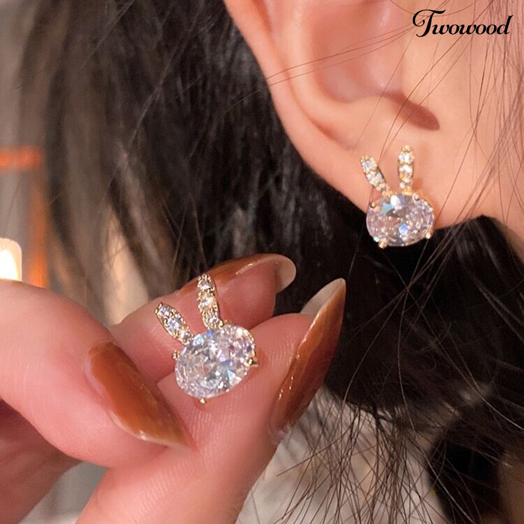 Twowood 1pasang Ear Studs Lucu Elegan Mini Hypoallergenic Berlian Imitasi Tertanam Kelinci Wanita Anting Fashion Perhiasan