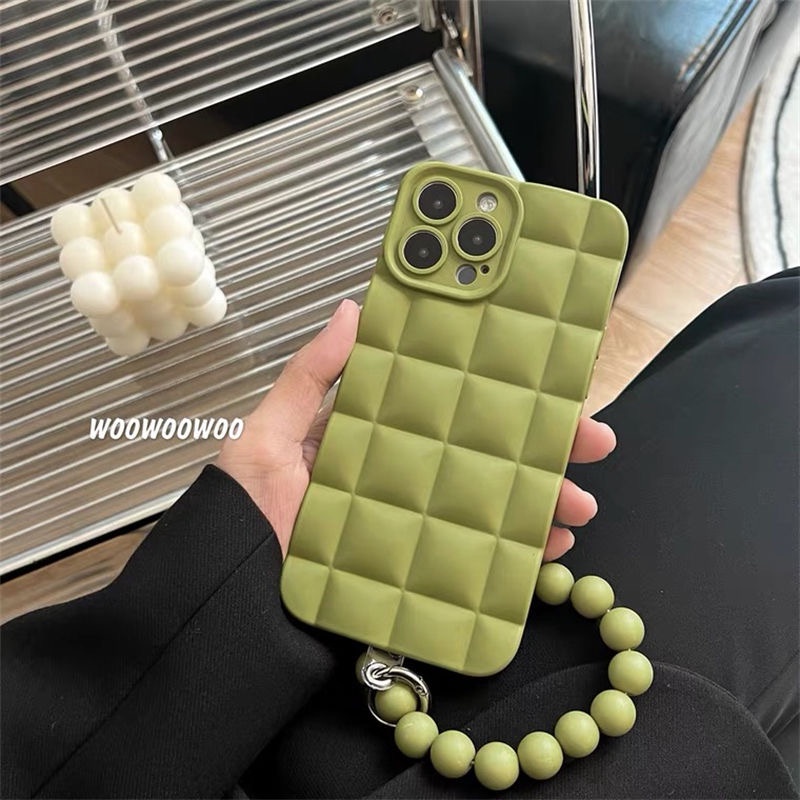 Casing Ponsel Lembut Motif Kotak-Kotak 3D Untuk iPhone 14 Pro Max13 12 11 Pro Max Xs Max Xr X Xs 7Plus 8Plus 6 6P Gelang Dengan Manik-Manik Casing Penutup Belakang