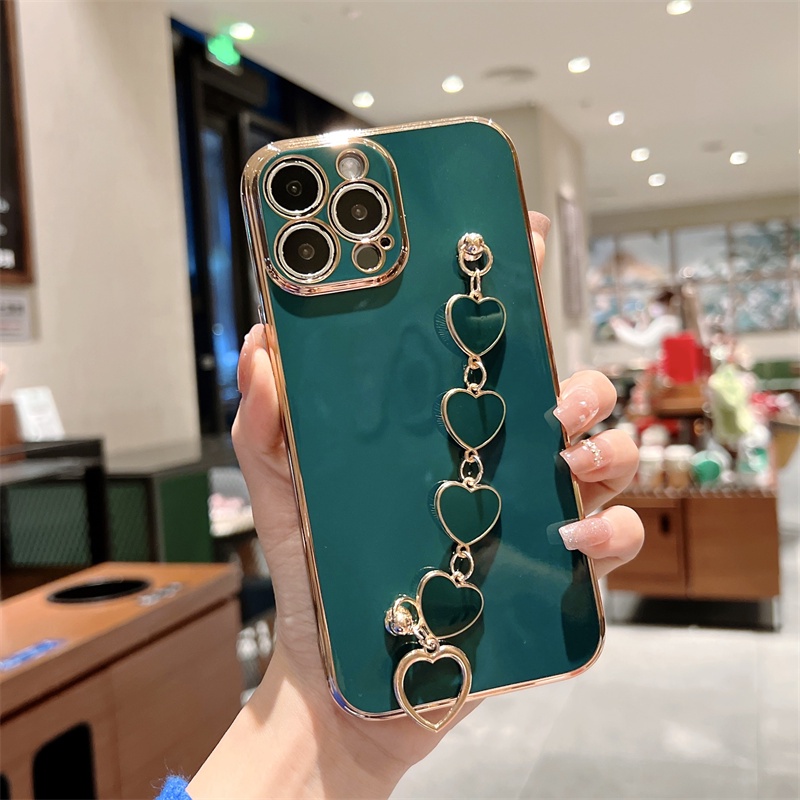 IPHONE Casing Ponsel Gelang Cinta Hati Plating Mewah Untuk Iphone14 13 11 Pro Max XR Xs7 8 Plus Warna Rantai Pergelangan Tangan Silicon Cover