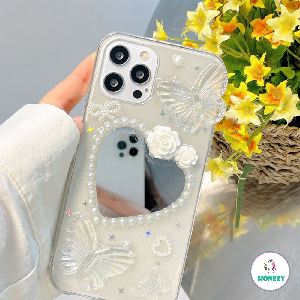 3D Stero Crystal Clear Butterfly Makeup Mirror Clear Phone Case compatible for iPhone 14 13 12 11 Pro Max X XS XR 8 7 Plus Luxury Pearl Soft TPU Shell