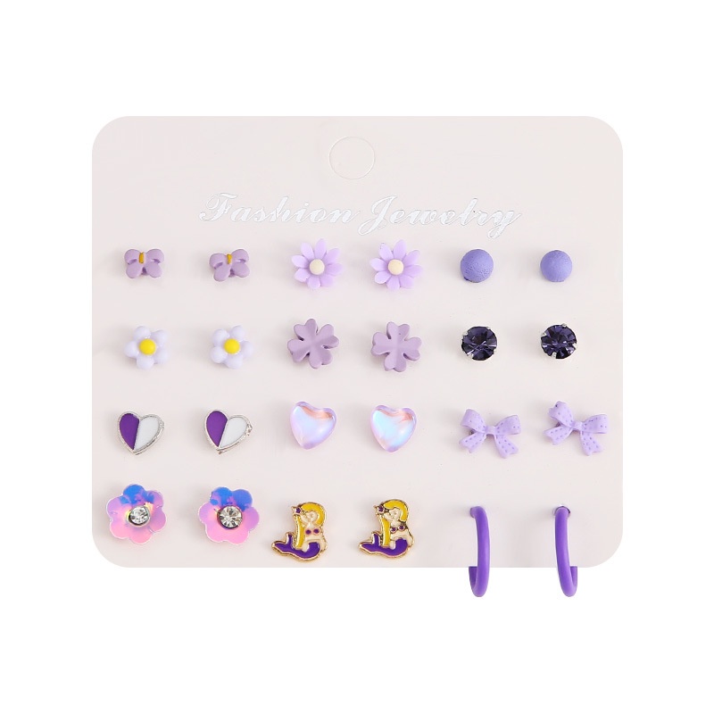 12pasang/set Sederhana Fashion Hati Bintang Bunga Anting Tusuk Donat Dolphin Mermaid Earrings Jewelry Untuk Wanita Anak