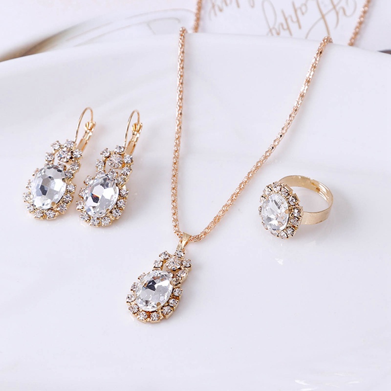 3pcs/set Cincin Kalung Anting Kristal Rantai Cakar Permata Oval