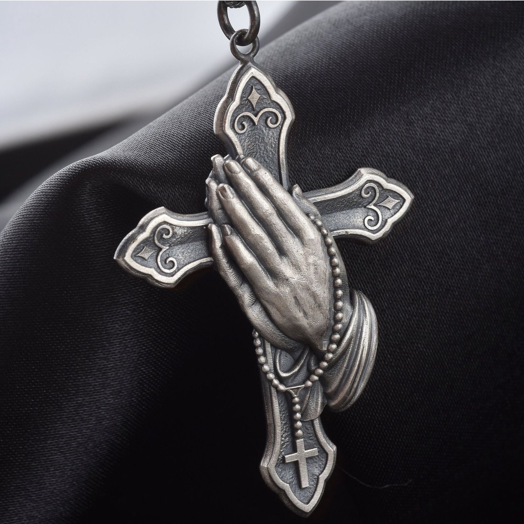 Goldkingdom Fashion Perhiasan Aksesoris Ready Stock Baru Dua Tangan Doa Salib Vintage Kalung Berlapis Eropa Dan Amerika925 Thai Perak Hitam Liontin