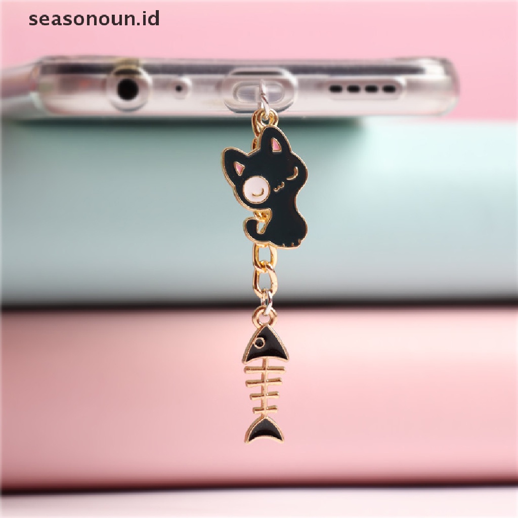 Seasonoun Liontin Colokan Debu Lubang Headphone Ponsel Kucing Bunga Dan Putih.