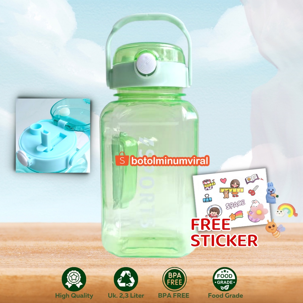 Botol Minum Viral 2,3 Liter Bening Free Sticker 3D 2D Sedotan 2 in 1