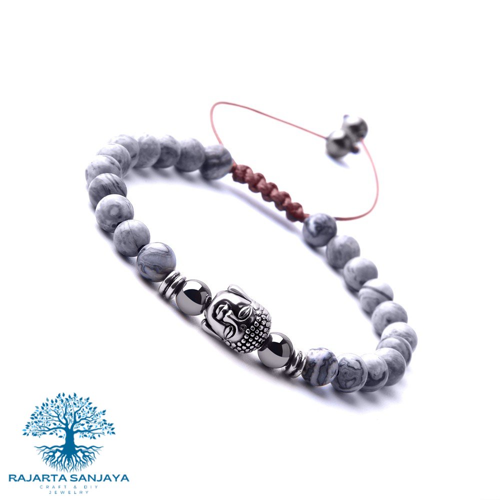 Gelang Ku Rajut Shambala Amazonite Indian Grey Jasper Buddha Double Knot