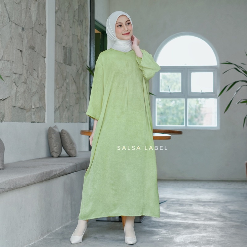 Nora Long Dress  Lengan 7/8 Crinkle Airflow Gamis Polos Terbaru Midi Dress Kekinian