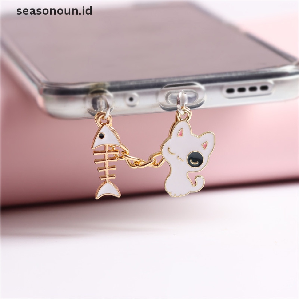 Seasonoun Liontin Colokan Debu Lubang Headphone Ponsel Kucing Bunga Dan Putih.