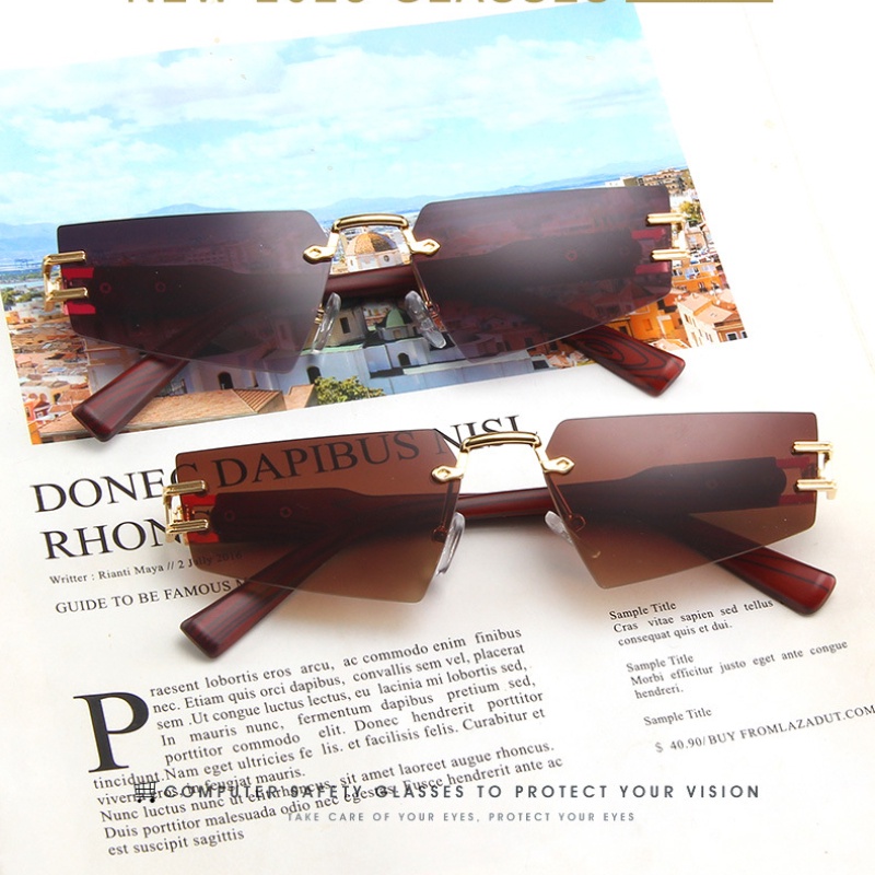 (YUZHU) Hip Hop Gaya Punk Frameless Serat Kayu Kaki Kacamata Hitam Wanita Mode Barat High End Sense Shaped Sunglasses