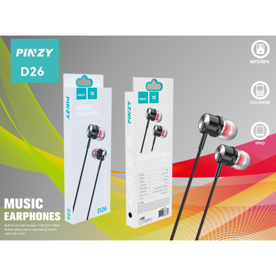 HEADSET HANDSFREE PINZY D26 MUSIC SUPERBASS EARPHONE WITH MICROPHONE