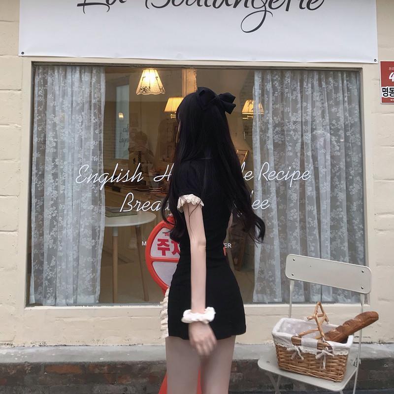 Red Kerah Persegi Ikatan Simpul Renda Edge Gaun Musim Panas Celah Cheongsam Seksi Cheongsam Gadis Panas Gaun Keinginan Manis Slim Fit Hip Rok