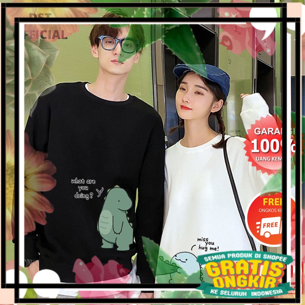 Sweater Couple Pasangan Pria Wanita Switer Sweeter Sweter Couple Cople Desain Dino Warna Hitam Putih