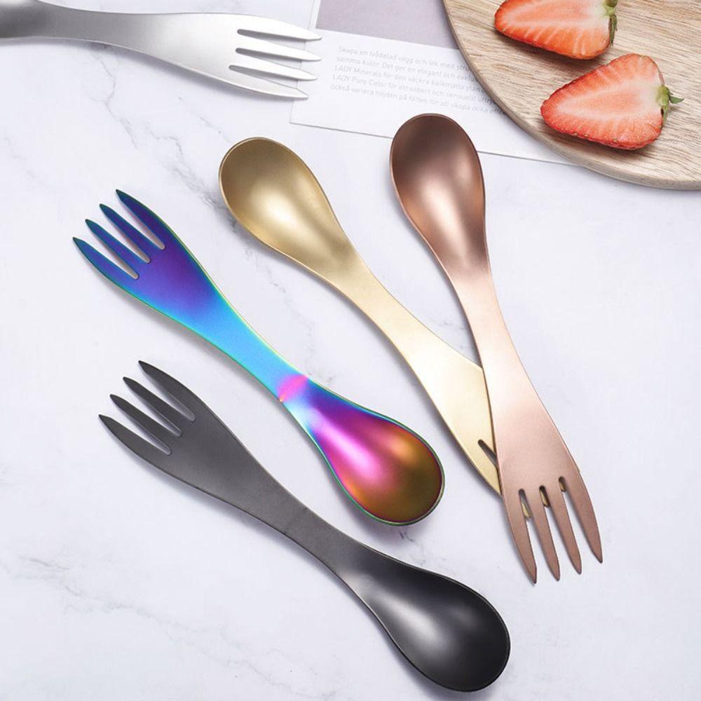 Nickolas1 Sendok Gurita Digunakan Di Kedua Ujung Perlindungan Lingkungan Camp Fruit Fork Titanium Plated Gold Sendok Garpu Peralatan Makan Luar Ruangan Dessert Spoon Can Opener Bottle Opener Fork