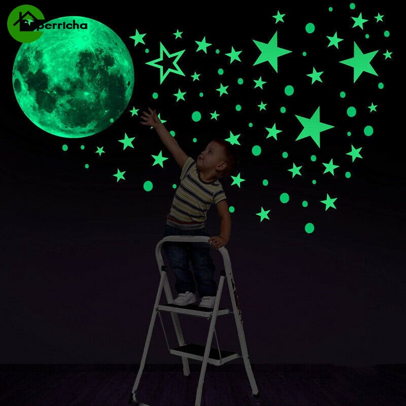 Hot Sale/Stiker Glow in The Dark/Stiker Bulan Bintang Bumi Luminous/Dots Wall Stickers Decor/Perekat Bintang Bercahaya Dekorasi Plafon/Stiker PVC Untuk Dekorasi Kamar Anak