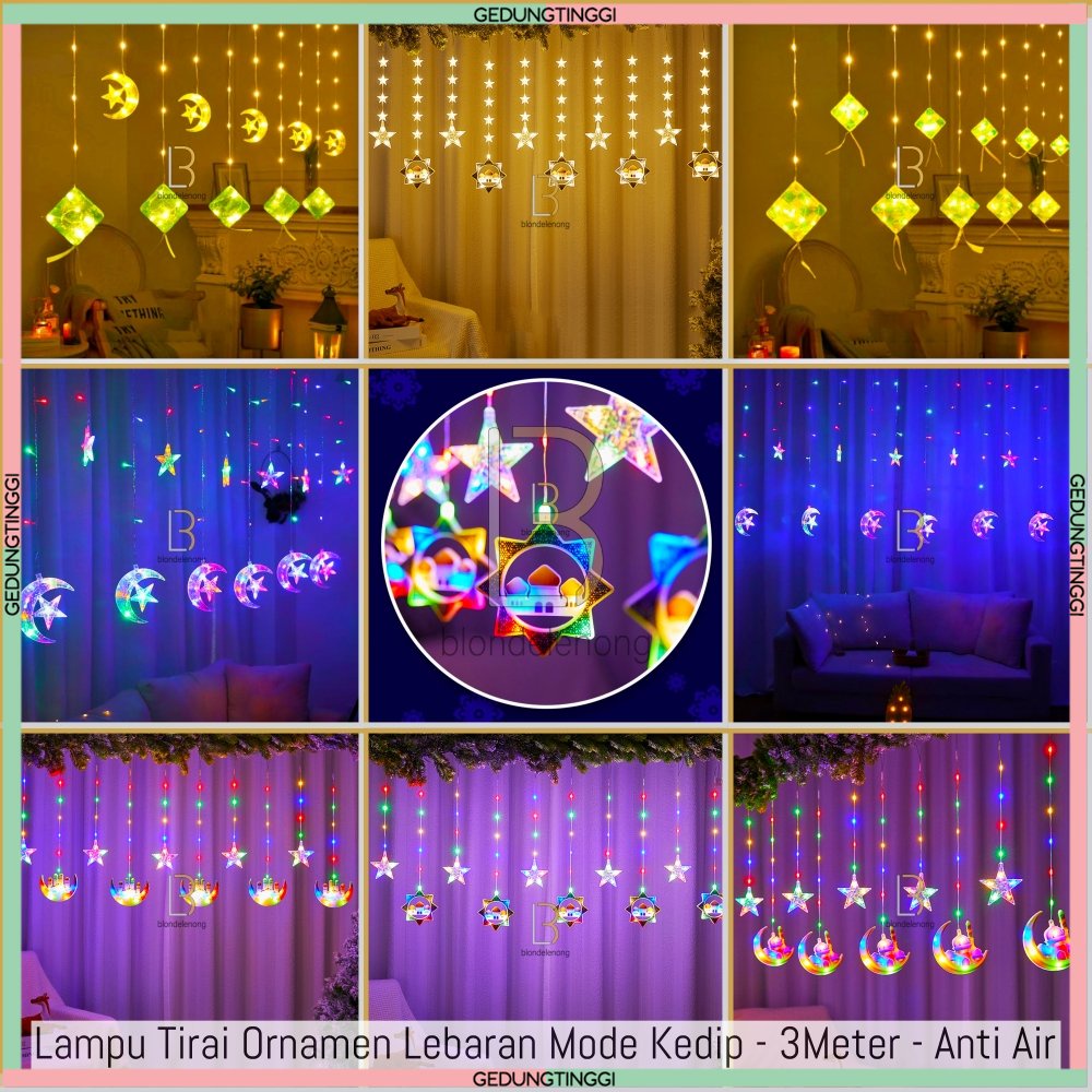 Lampu Tirai Tumblr Hias Led Panjang Dekorasi Ornamen Ornament Perlengkapan Dekor Lebaran Idul Fitri Ramadhan Ramadan Kareem Ketupat Bulan Bintang Warna Warni Warm White RGB RBG Gantung Gorden Cafe Hotel Kelap Kelip Outdoor Outdor Waterproof Anti Air Hujan