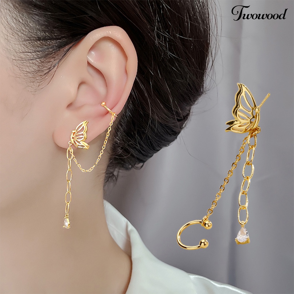 Twowood 1Pc Drop Earring Peri Temperamen One-piece Asimetris Gantung Rantai Dekorasi Gaya Korea Tulang Rawan Palsu Panjang Rumbai Telinga Manset Aksesoris Pakaian