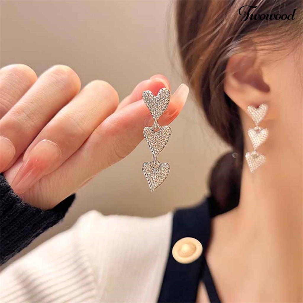 Twowood 1pasang Drop Earrings Cubic Zirconia Sparkling Electroplating Lurus Gantung Liontin Hias Hypoallergenic Cinta Hati Menjuntai Anting-Anting Perhiasan Aksesori